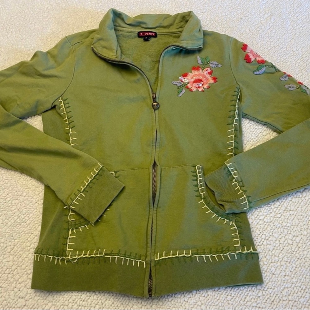 Vintage T Party Green Embroidered Floral Zip Jacket Y2K Boho